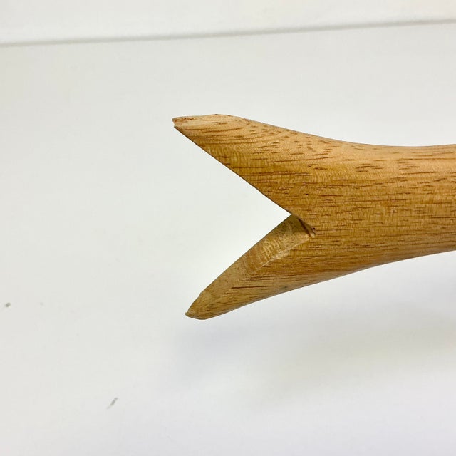 1970s Vintage Arts & Crafts Boho Chic Coastal Hand Carved Oak Fish Sculpture, Steel Museum Mount For Sale - Image 10 of 13