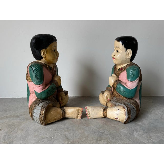 Vintage Asian Hand Carved Wood and Painted Seated Children Sculptures - a Pair For Sale - Image 9 of 12