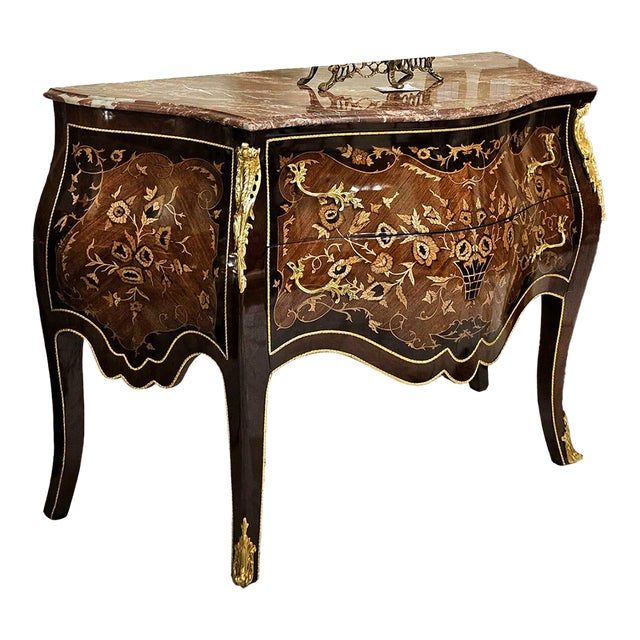 French Rococo Bombe Commode With Marble Top, Floral Inlay & Gilded Bronze Details For Sale