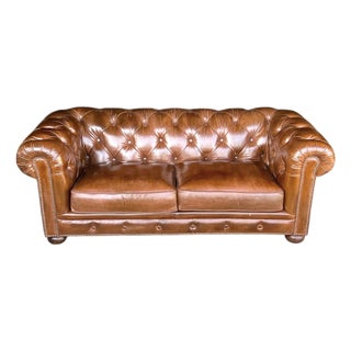 Vintage Chesterfield Tufted Leather Sofa, Fully Restored With Brass Nail Head Trim For Sale