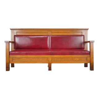 Mid 20th Century Reclaimed Mission 86.125 In. Golden Oak Red Vinyl Bench For Sale