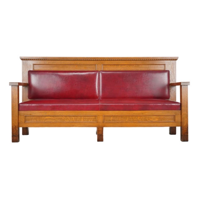 Mid 20th Century Reclaimed Mission 86.125 In. Golden Oak Red Vinyl Bench For Sale