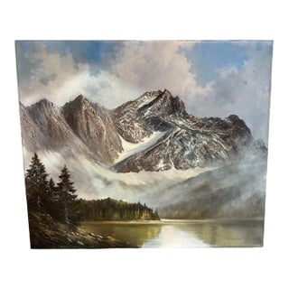 Vintage Mountain Lake Oil Painting by Joachim Lemke For Sale