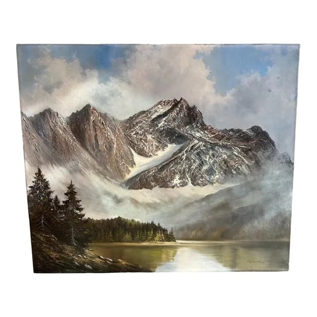 Vintage Mountain Lake Oil Painting by Joachim Lemke For Sale