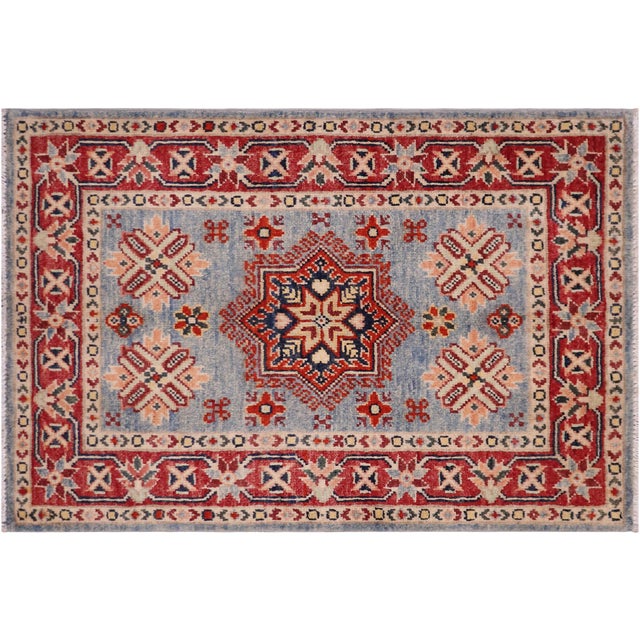 Boho Chic Kazak Tribal Light Blue/Red Wool Rug - 2'0''x3'0'' For Sale - Image 9 of 10
