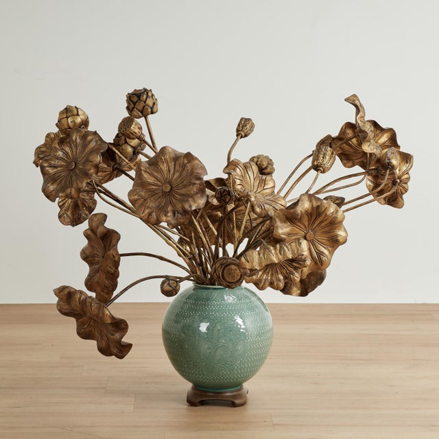 Celadon Vintage Bouquet of Carved Wood Lotus Leaves in a Celadon Vase For Sale - Image 8 of 11