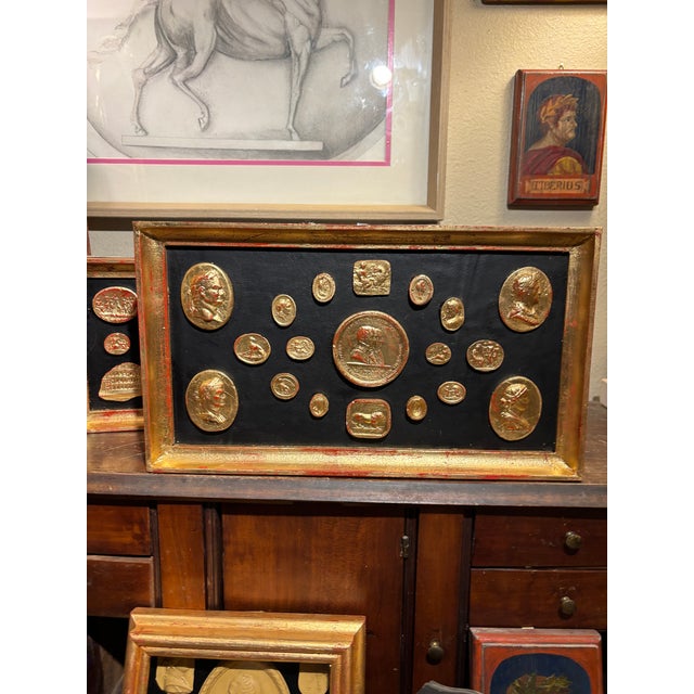 Gold Vintage Classical Grand Tour Gilded Cameo Intaglio Arrangement in Giltwood Frame For Sale - Image 8 of 10