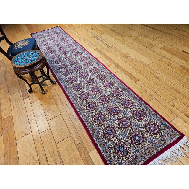 Vintage Persian Qum Runner Rug, Hand-Knotted Wool, Allover Geometric Pattern, 3x13, Tan & Red For Sale - Image 4 of 14