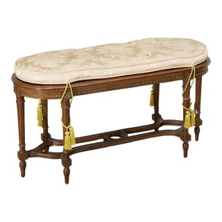 Vintage Louis XVI Style Caned Window Bench With Cream Damask Cushion For Sale