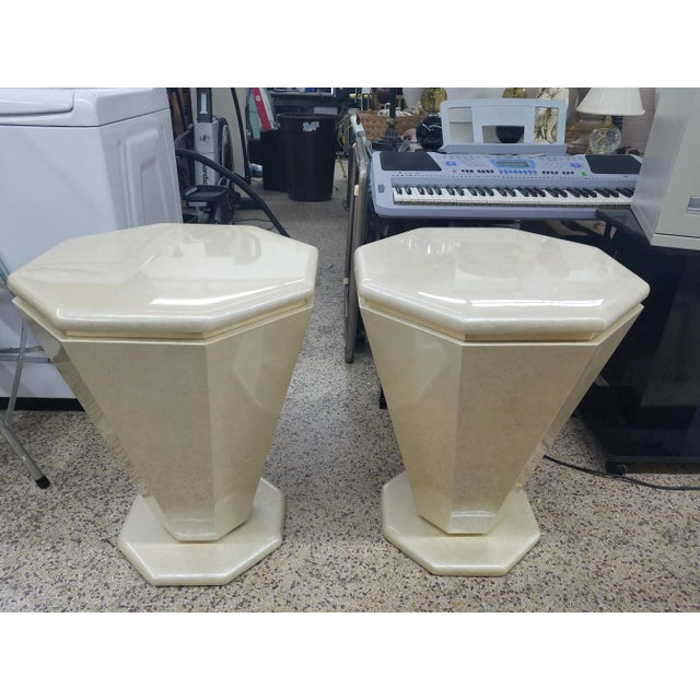Metal 20th Century Art Deco Revival Cream Lacquer & Brass Octagonal Side Tables - a Pair For Sale - Image 7 of 10