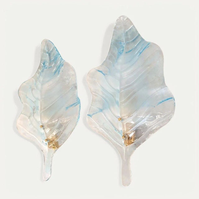 Mid-Century Modern 1980s Large Blue Murano Glass Leaf Sconces - A Pair For Sale - Image 3 of 10