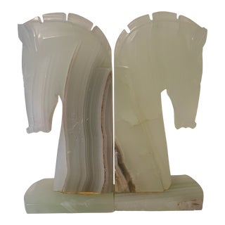 Mid 20th Century Art Deco Style Solid Onyx Trojan Horse Bookends - a Pair For Sale