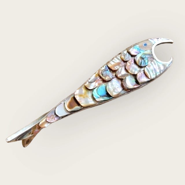 Mexican Rare Vintage 1970s Los Castillos Silver Style Abalone Fish Bottle Opener - Sculptural Silver & Iridescent Gem For Sale - Image 3 of 9