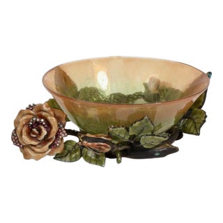 Jay Strongwater Glass & Jeweled Green Enamel Flower Bowl For Sale