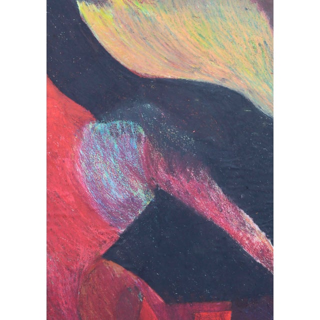 Bold abstract large-scale vertical pastel with textural red, black and orange forms in a sweeping diagonal composition by...