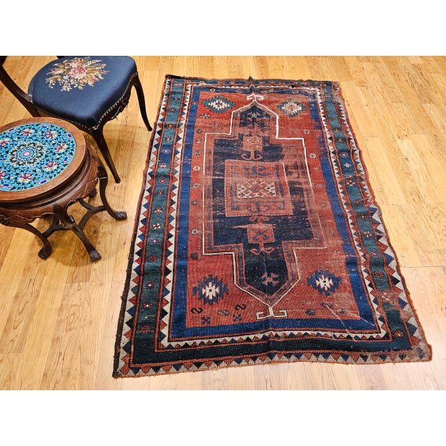 Antique Fachralo Kazak Prayer Rug, Handwoven Wool, Persimmon & Green, 4' x 6' For Sale - Image 9 of 18