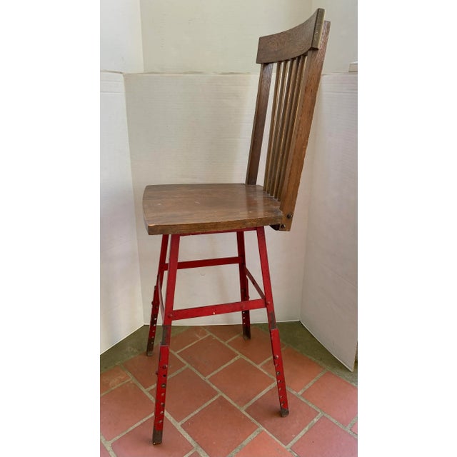Mid 20th Century Vintage Industrial Oak Wood and Red Steel Stool For Sale - Image 5 of 12