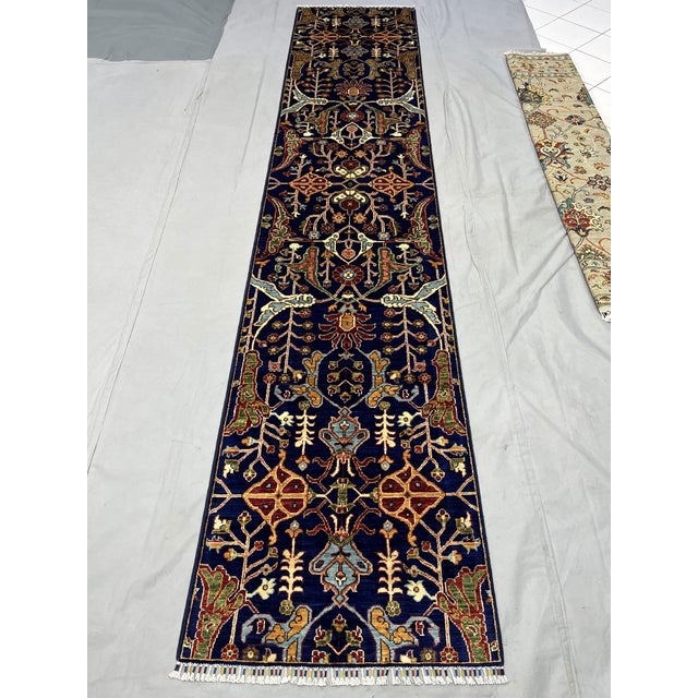 Art Deco Blue Afghan Sultani Natural Dye Wool Runner Rug, Persian Bijar Design, 2′9″ × 13′2″ For Sale - Image 3 of 18