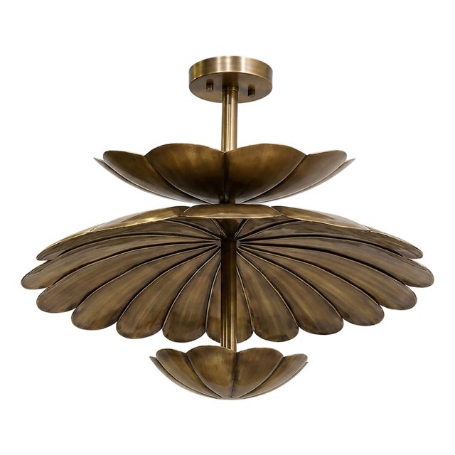 Handmade Brass Lotus Flush Mount Ceiling Light, Antique Floral Fixture For Sale