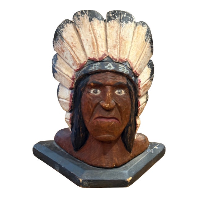 1920s Folk Art Carved Native Chief Doorstop Polychrome Painted Wooden Sculpture For Sale