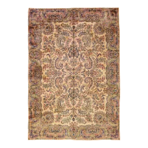 Tan Antique Kerman Handmade Allover Floral Designed Wool Rug