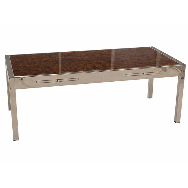 Pace Collection 1970s Rare Leon Rosen for Pace Collection Burl Wood & Chrome Executive Desk For Sale - Image 4 of 11