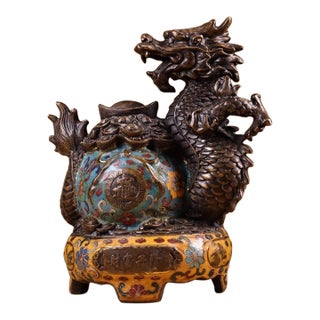 Vintage Cloisonne Enamel Dragon Sculpture – 9.1" Gilt Bronze Censer Figure For Sale