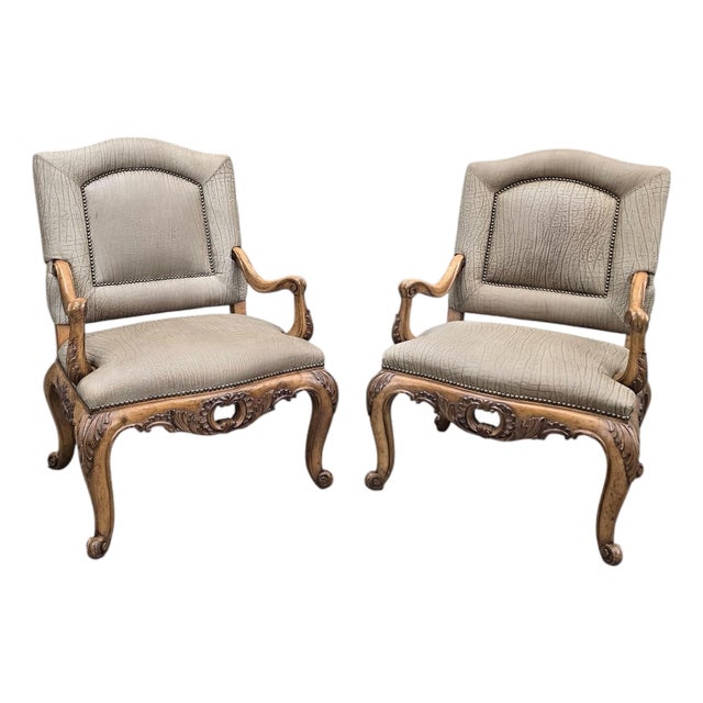 Vintage Georgian Revival Style Carved Wood Armchairs by Plunkett Furniture - Pair For Sale