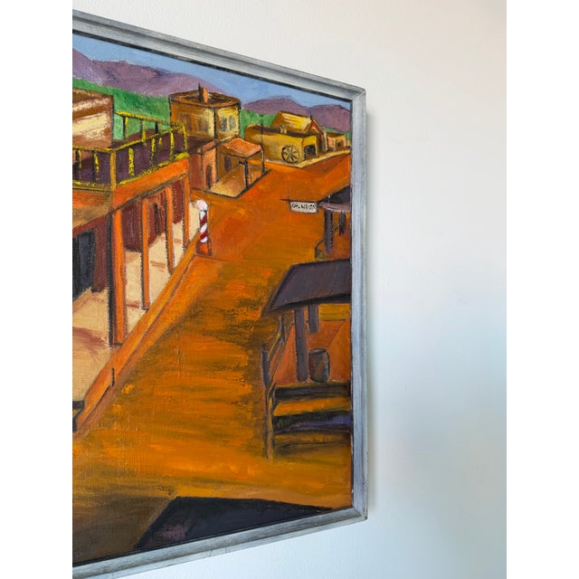 1970s Vintage Southwestern Townscape Oil on Canvas Painting, Framed For Sale - Image 10 of 12