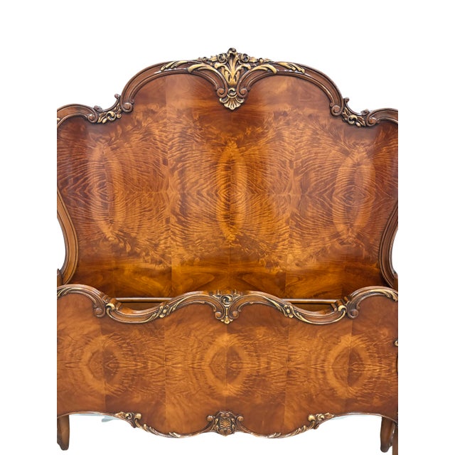 Antique French Louis XV Style Flame Mahogany Twin Bed Frame With Gilt Carved Accents For Sale In Charlotte - Image 6 of 7