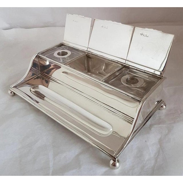 Gold Sterling Silver & Cut Glass Aviation Inkwell Stand from C F Hancock, London, 1911 For Sale - Image 8 of 11