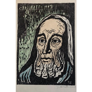 Jacob Steinhardt, Jewish Prophet Rabbi German Expressionist Color Woodcut Israeli Early Bezalel For Sale