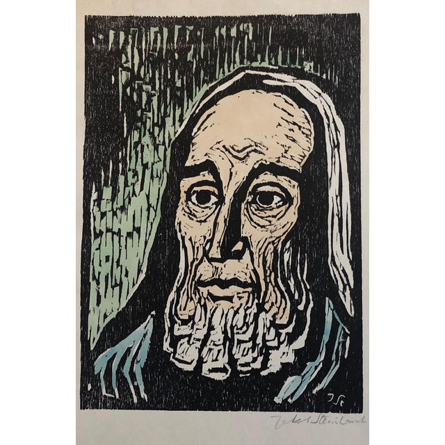 Jacob Steinhardt, Jewish Prophet Rabbi German Expressionist Color Woodcut Israeli Early Bezalel For Sale