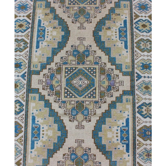 Mid 20th Century Teal, Green, Blue and Yellow Vintage Turkish Oushak Runner With Geometric Design For Sale - Image 5 of 8