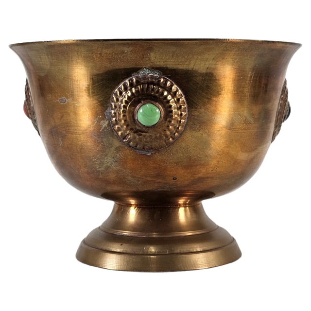 Indian Vintage Tibetan Jeweled Bronze Butter Lamp – Buddhist Temple Offering Vessel For Sale - Image 3 of 10