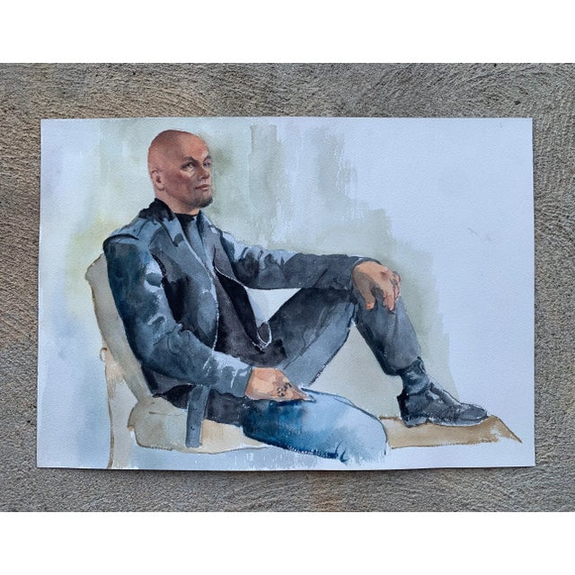 1980s Original Watercolor of Reclining Man in Leather For Sale In Philadelphia - Image 6 of 6
