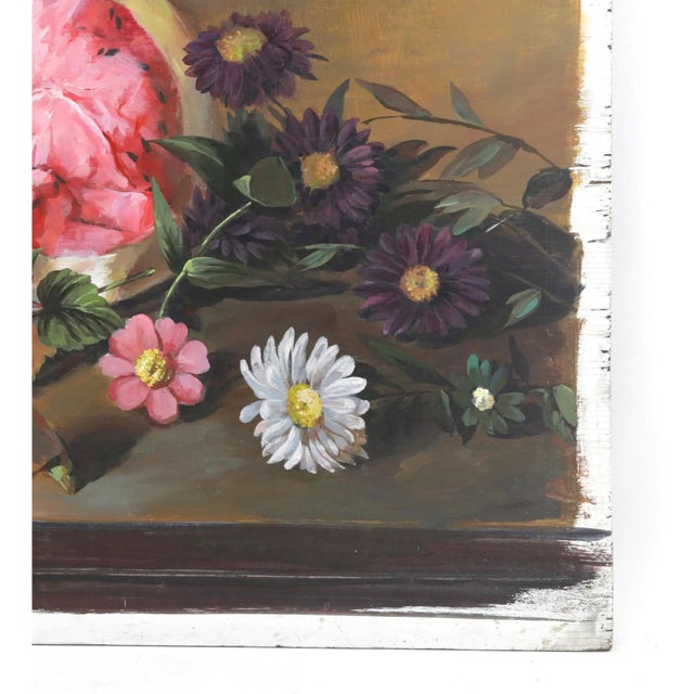 Traditional Vintage Still Life Oil Painting on Wood Panel Watermelon Peaches and Summer Florals For Sale - Image 3 of 8