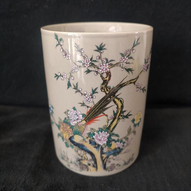 Chinese Ceramic Pot,Tongzhi Marked Famille Rose Porcelain Brush Pot Hand Painted Flowers and Birds Pattern For Sale - Image 4 of 11