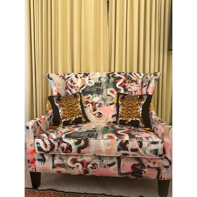 1990s 1990s High-Back Wingback Loveseat Upholstered in Street Diptyque Attributed to La Maison Pierre Frey For Sale - Image 5 of 7