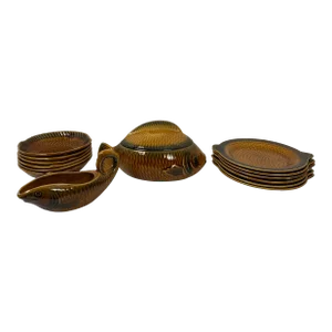 14 Piece Sarreguemines Majolica Fish Plates, Bowls, Soup Tureen and Sauce Boat