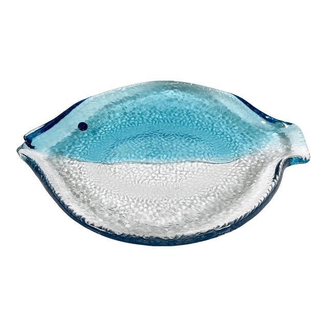 Vintage Modern Fish Plate Textured Blue Art Glass Serving Dish For Sale