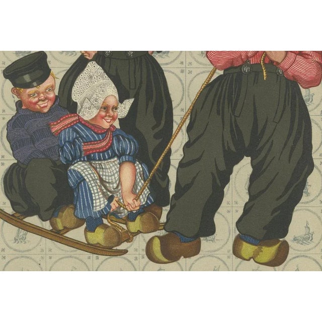 Cheerful Winter Outing: Volendam Men & Children in Holiday Dress (1932) Original Lithograph from “The National Costumes of...