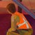 Contemporary Worker by Hiroshi Sato | Oil on canvas of a construction worker in an orange vest. For Sale - Image 3 of 5
