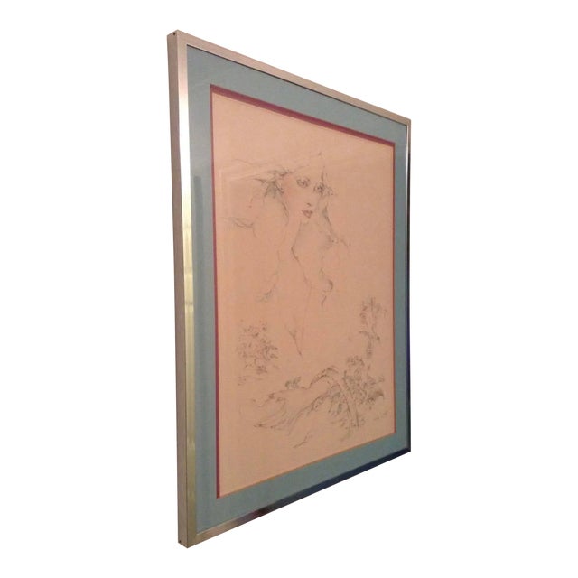 70s Vintage Susan Obrant Mood Indigo Lithograph on Watercolor Paper Print Framed, Signed For Sale