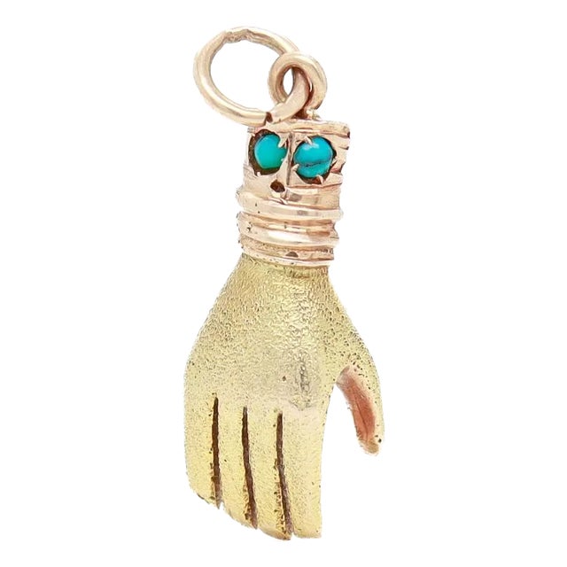 Vintage 14k Gold & Turquoise Cabochon Figural Hand Charm For Sale