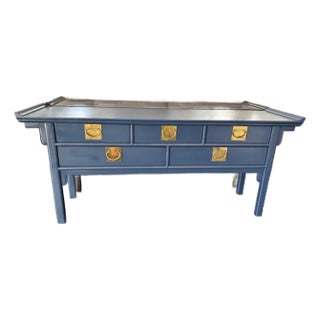 Late 20th Century Coastal Blue Chinoiserie Chic Pagoda Style Credenza by Century For Sale