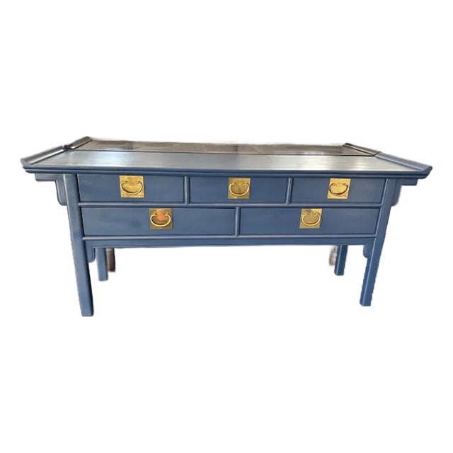 Late 20th Century Coastal Blue Chinoiserie Chic Pagoda Style Credenza by Century For Sale
