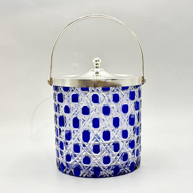 Mid-Century Modern Cobalt Blue Overlay Cut Crystal Biscuit Barrel with Silver-Plated Mount, 1950s For Sale - Image 6 of 18