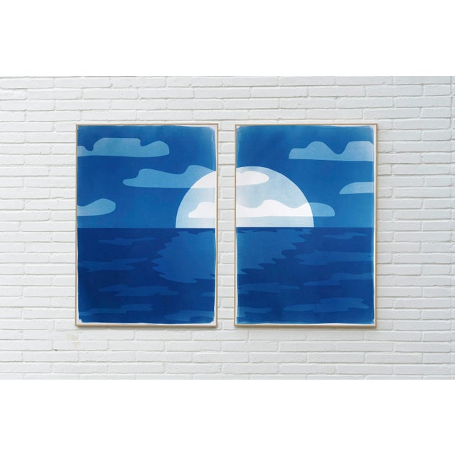 Printmaking Materials 2025, Desert Modernism Landscape, Large Diptych, Sunset Over Sea, Monotype Cyanotype on Watercolor Paper by Kind of Cyan For Sale - Image 7 of 9