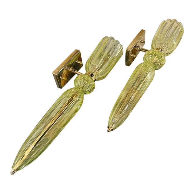 Murano Green Torch Form Sconces - a Pair For Sale